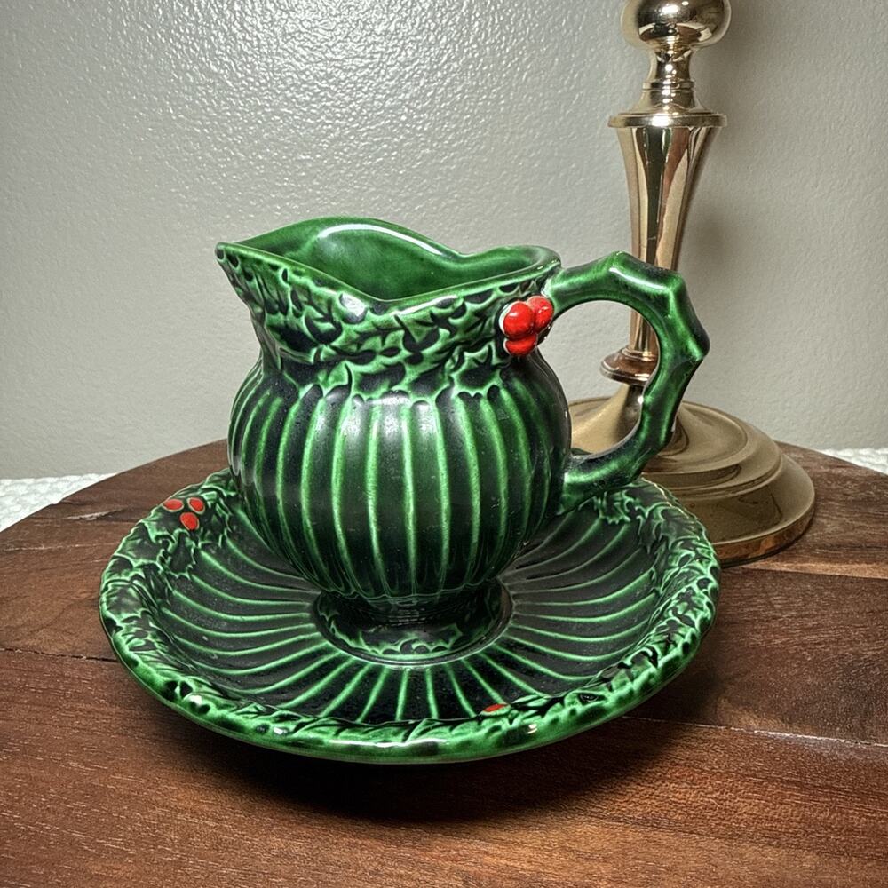 Vintage INARCO Japan Green Creamer Attached Plate Holly Christmas Red Berries